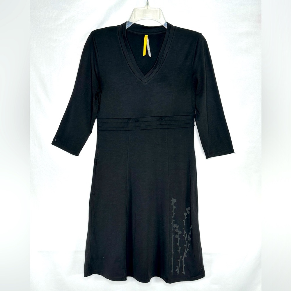 Lole Black V-neck Dress 3/4 Sleeve Athleisure EcoFriendly Wicking‎ Commute Sz S